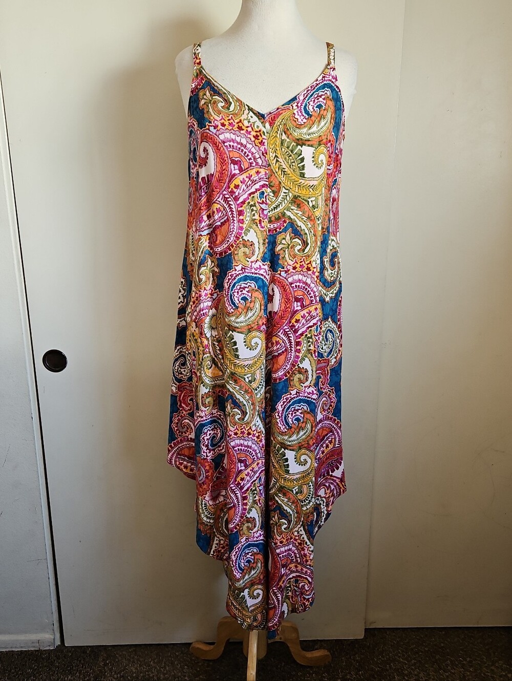 Boho Paisley Print Wide Genie Leg Strappy Multicolor Jumpsuit Romper Size Small